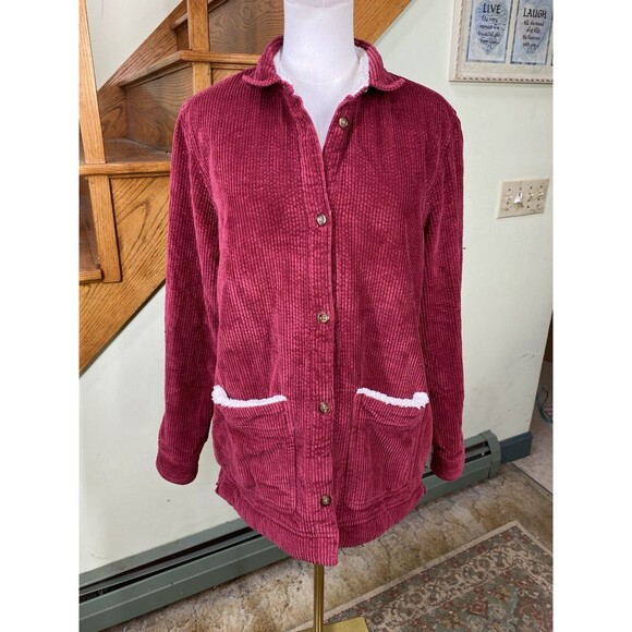 L.L. Bean Womens Size M Wide Wale Corduroy Sherpa Lined Button Shacket Red Chore - Picture 1 of 13